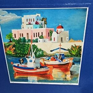 Vintage 2014 Two Boats Mykonos" by Rick Koestler, Blue White Coastal Art Print
